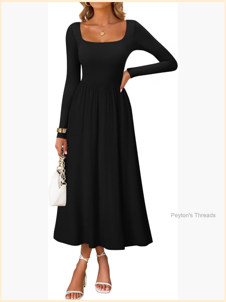 Elegant Square Neck Long Sleeve Midi Dress For Women